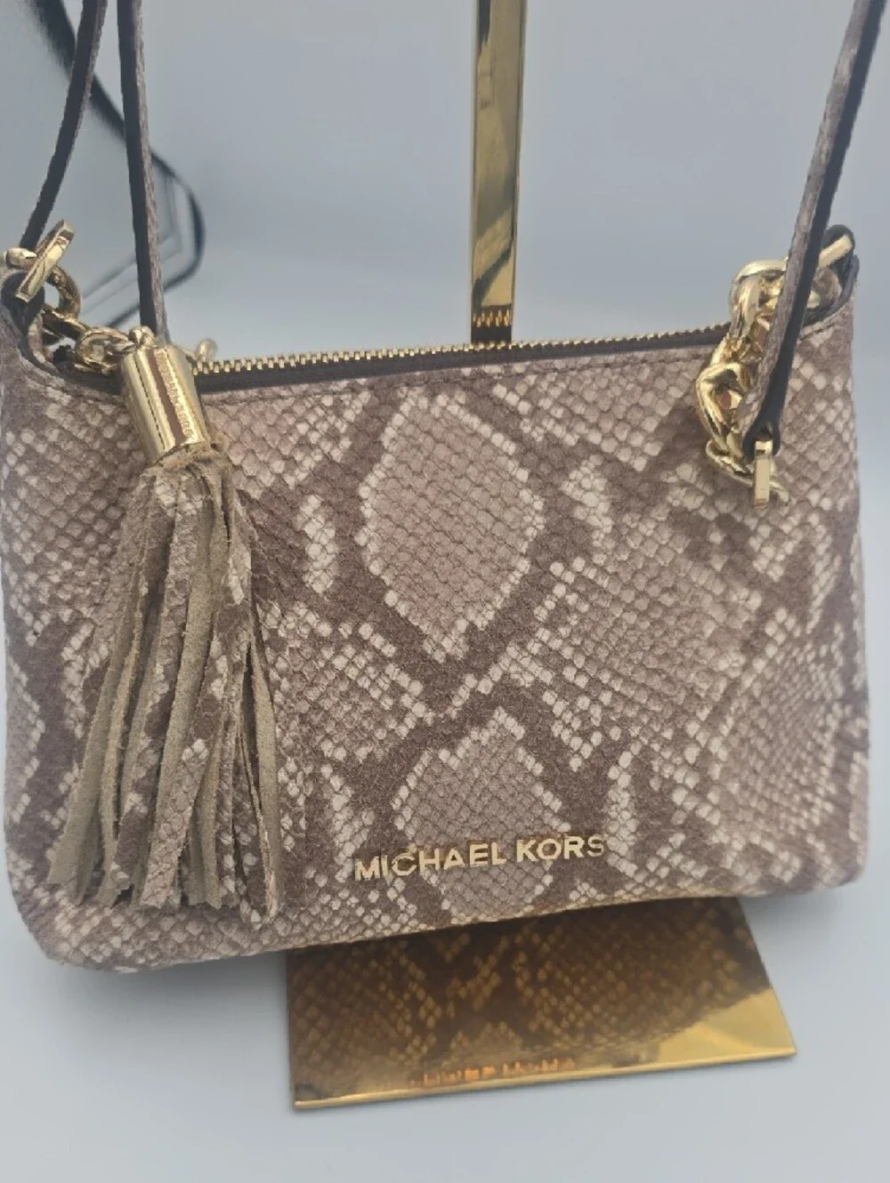 Michael Kors Dark Pink Taupe Snake-Print Small Crossbody W/ Gold & Tassle (EUC)✨